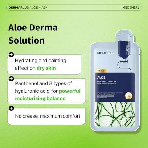 Mediheal Dermaplus Aloe Mask (10 Counts) - Daily Vegan Mask for Hydrating Skin with Panthenol & Hyaluron, Korean Self Skin Care Sheet Mask