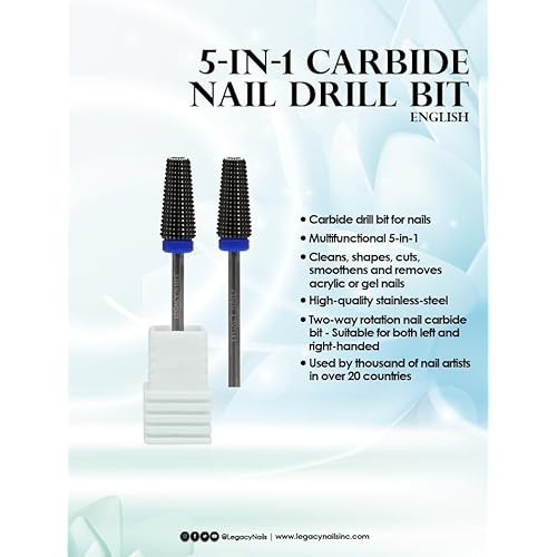 Legacy Nails Professional 5IN1 CARBIDE NAIL DRILL BIT Cleans Shapes Cuts Smoothens and Removes Acrylic or Gel Nails, Stainless-Steel