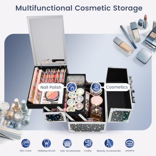 Black Star Makeup Case Organizer with Mirror - Portable Lockable Train Case