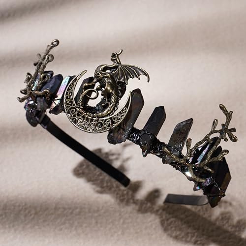 Black Fairy Crystal Crown Tiara for Cosplay Weddings & Parties - Elf Raw Quartz Headpiece