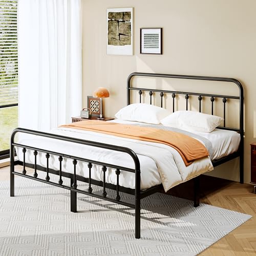 Queen Size Metal Bed Frame with Victorian Headboard & Footboard (Zunatu)