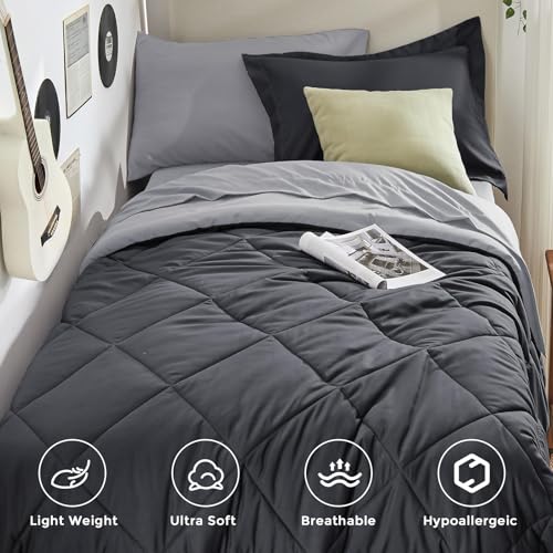 HEVUMYI 5-Piece Twin XL Comforter Set - Dark & Light Grey Bed in a Bag, 68x88 Inches