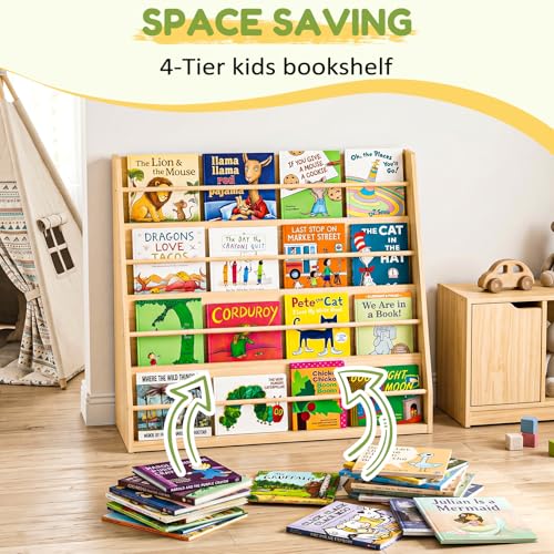 Kids Wooden Bookshelf 4-Tier Montessori Display - Child-Safe Natural Pine