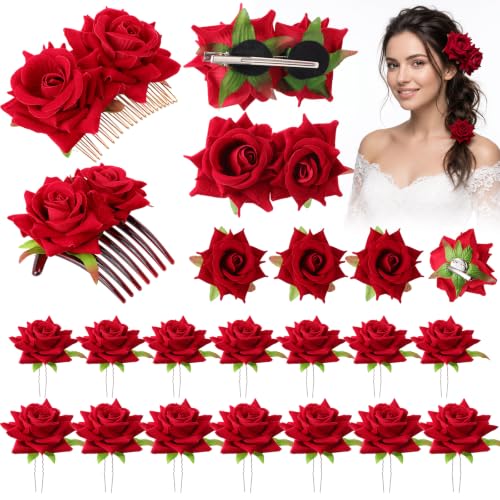 20 Pcs Mexican Rose Hair Accessories Set for Women - Vintage Bright Red
