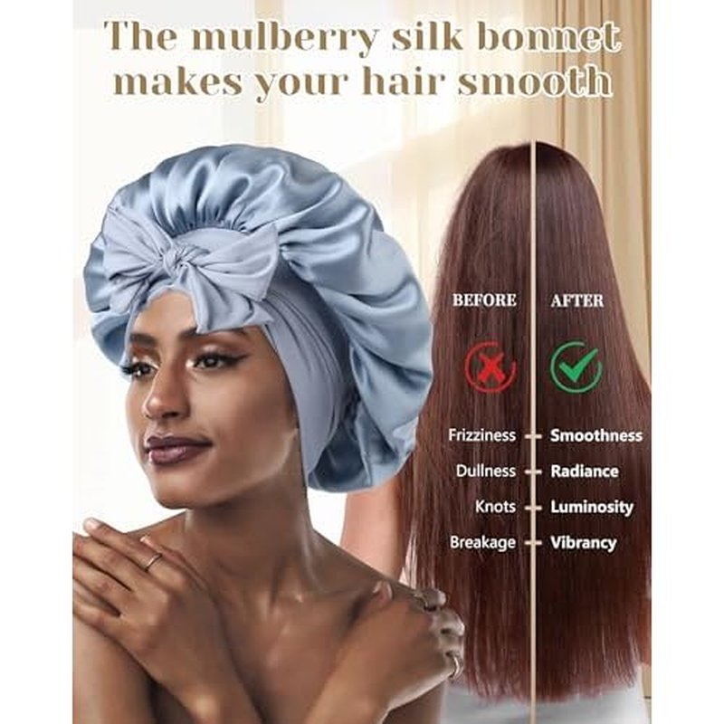 AWAYTR 100% Mulberry Silk Hair Bonnet for Women Sleeping with Tie Band 19 Momme Silk Sleep Cap Night (US, Alpha, One Size, Haze Blue)