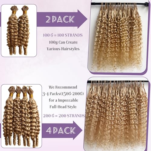 Smavida 18 Inch #27/613 Ombre Burmese Curly Crochet Human Hair Extensions - Pre-Separated Knotless Micro-Loop, 50g/Pack