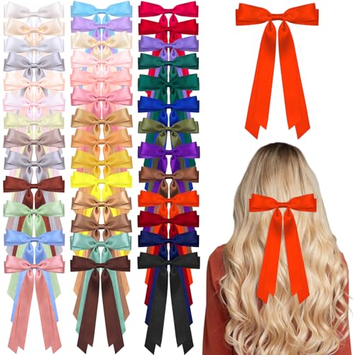40 Colors Satin Hair Bows Bulk for Women Large Long Tail Hair Ribbons - Elegant Hair Clips & Barrettes