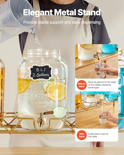 2 Gallon Beverage Dispenser 3 Pack with Metal Stand & Spigot - Glass Drink Dispensers for Parties