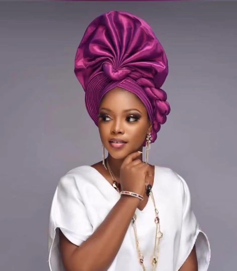 African Auto Gele Head Wrap Turban Cap for Weddings - 100% Raw Silk, Burgundy