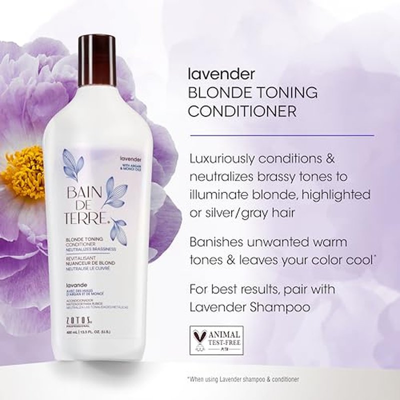 Bain de Terre Lavender Blonde Toning Conditioner, Neutralize Brassy Tones for Cool Blonde, Highlighted or Gray Hair, with Argan & Monoi Oils, Paraben-Free, Vegan,13.5 Fl Oz
