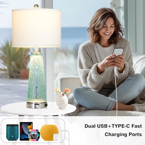 Teal Coastal Glass Table Lamp with USB & Outlet - 26 Inch Nightstand Lighting