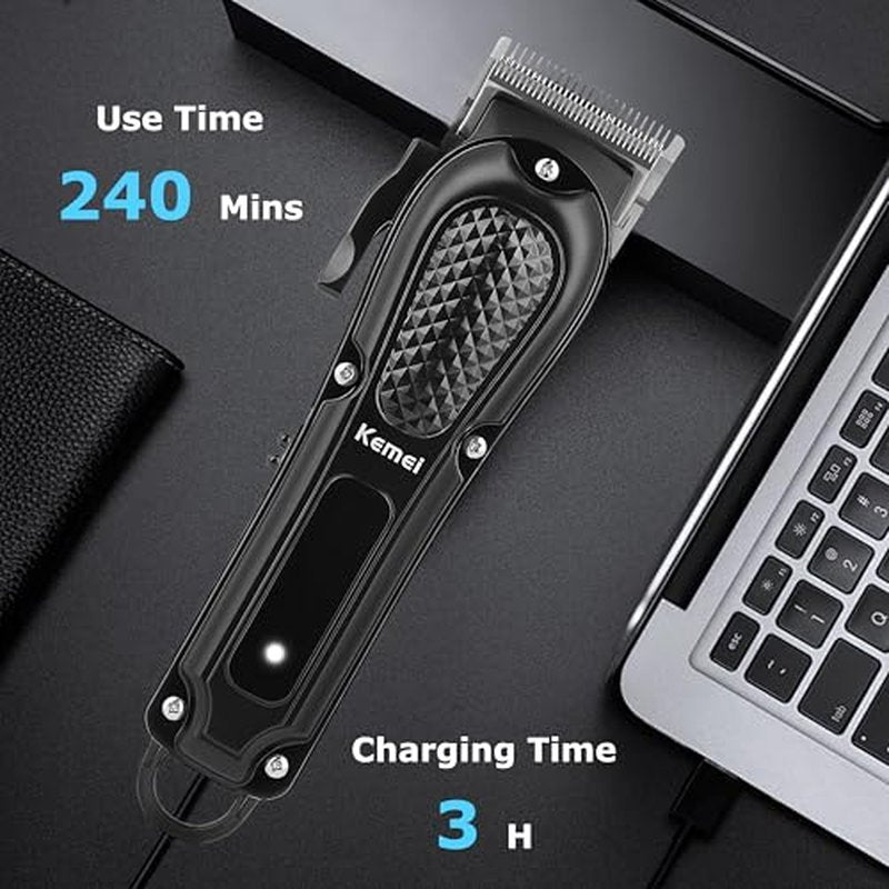 KEMEI Professional Hair Clippers for Men, Cordless & Corded Barber Hair Cutting Clipper, Rechargeable Beard Trimmer for Barbers/Home Use