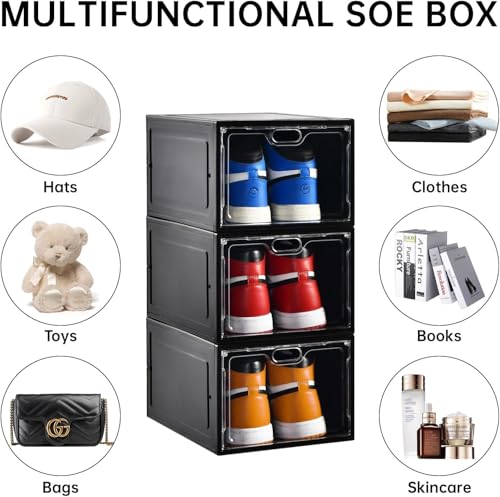 INSTY 12 Pack Black Stackable Clear Shoe Storage Boxes with Magnetic Doors - Fits US Size 12