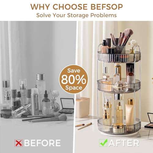 3-Tier Grey Rotating Makeup Organizer with Brush Holder - Upgraded Countertop Storage for Women