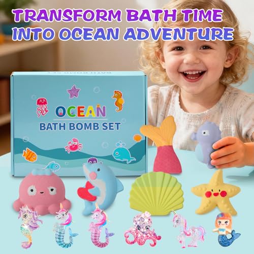 Giant Mermaid Bath Bombs for Kids - 6 Pack with Surprises, Vibrant Colors & Long-Lasting Bubbles - Sea Animals Variation