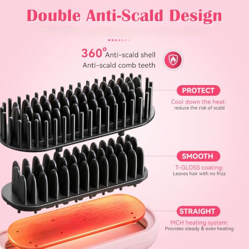 Hatteker Cordless Hair Straightener Brush Pink - Travel & Detangling Styling Tool