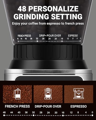 Coffee Grinder with 48 Settings, Anti-Static, Stainless Steel Burrs - Metallic Silver