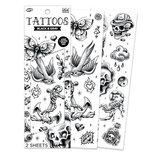 Savvi - 20 Black and Gray Temporary Tattoos: Skin-Safe Ink, Great for Parties and Everyday Wear, Gifts for Teens and Adults, Made in the USA [2 sheets, 20 count]