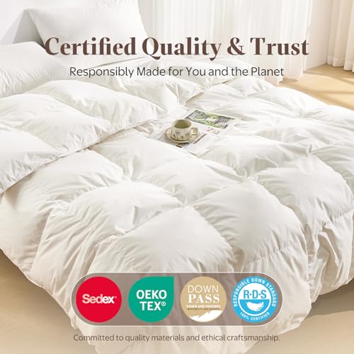 All Season Twin Size Goose Feather Down Comforter - White, Hypoallergenic, Organic Cotton Shell