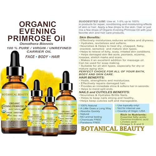 Botanical Beauty Organic EVENING PRIMROSE OIL 100% Pure Natural Undiluted Unrefined Virgin Cold Pressed Carrier Oil for face, skin, hair, nails (1 Fl Oz 30 ml)