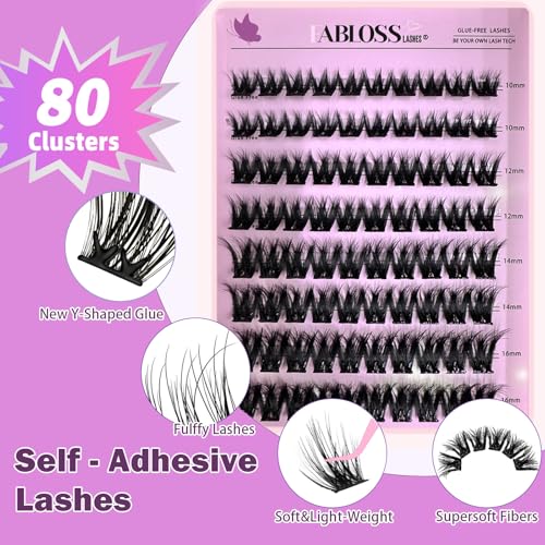 Self Adhesive Eyelashes 80Pcs Self Adhesive Eyelash Clusters Thick-Volume Press On Lashes Pre-Glued Glueless Lashes Clusters No Remover No Residue with Tweezers(10-16mm)