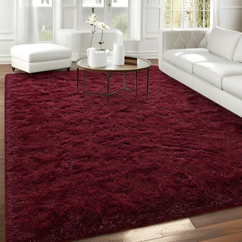 A- Wine Red Plush 6x9 Area Rug - Burgundy Soft Shag Floor Covering