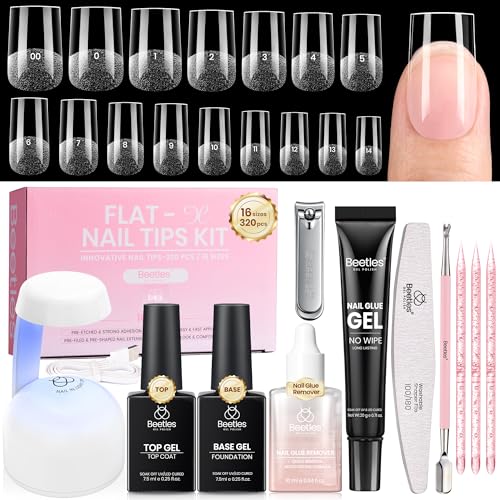 Beetles Gel Nail Kit with Short Square Tips & UV Lamp - 320pcs, DIY Manicure Set with Glue & Remover