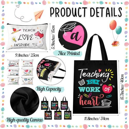 Blosssound 12 Pcs Teacher Appreciation Gift for Women Canvas Tote Bag Thank You Teacher Cosmetic Makeup Bag