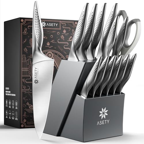 ASETY Steel Gray 15-Piece Knife Block Set - Premium Stainless Steel Kitchen Cutlery