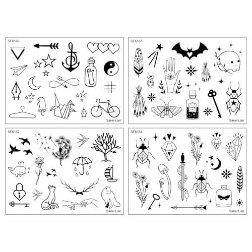 Black Flowers Tree Temporary Tattoo Sticker Waterproof Geometric Insect Women Girls Neck Chest Hand 15X11cm Set of 4 (SF267)