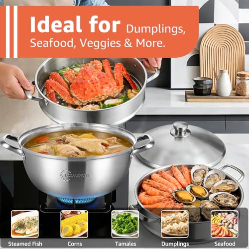8 Quart Stainless Steel 3-Tier Steamer Pot with Lid - Silver, 30cm Capacity