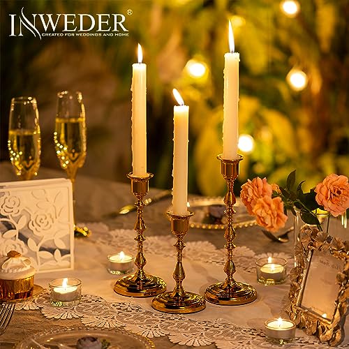 Gold Brass Taper Candle Holders Bulk - 5 Sets (15 Pcs) Vintage Bamboo Design