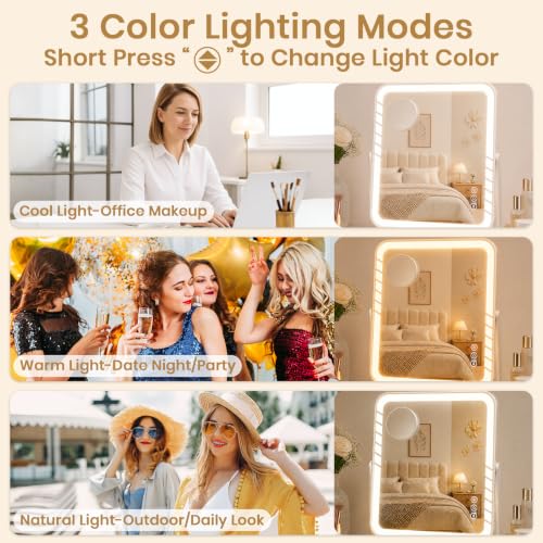 Square Lighted Makeup Mirror with Brightness & Color Adjustment - White Desk Vanity with 10x Magnifier