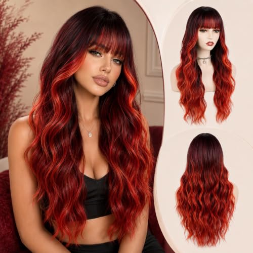 Ombre Red Layered Curly Wavy Wig with Bangs, 26 Inch Long Synthetic Hair - Customizable Bangs