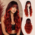 Ombre Red Layered Curly Wavy Wig with Bangs, 26 Inch Long Synthetic Hair - Customizable Bangs