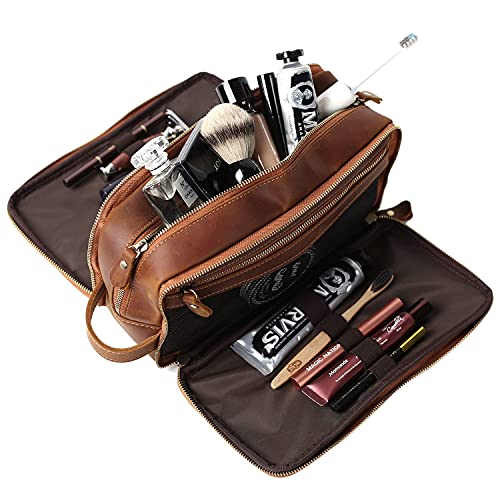 Large Personalized Leather Toiletry Bag for Men Travel Shaving Dopp Kit - Brown