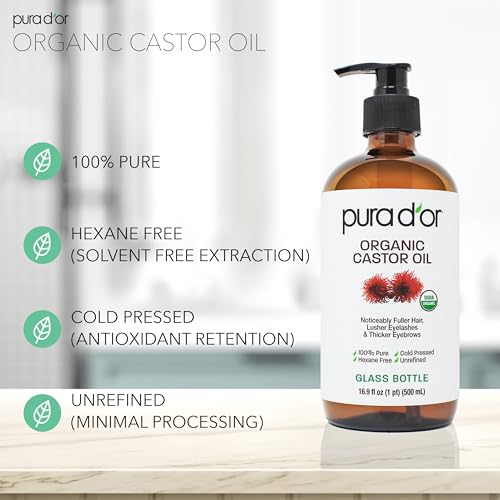 PURA D'OR 16.9 oz Organic Castor Oil (GLASS BOTTLE) Pure Cold-Pressed Hexane-Free USDA Certified ? Lashes Brows Hair Scalp Skin ? Botanical Moisturizer for Softness Strength Hydration Shine Radiance