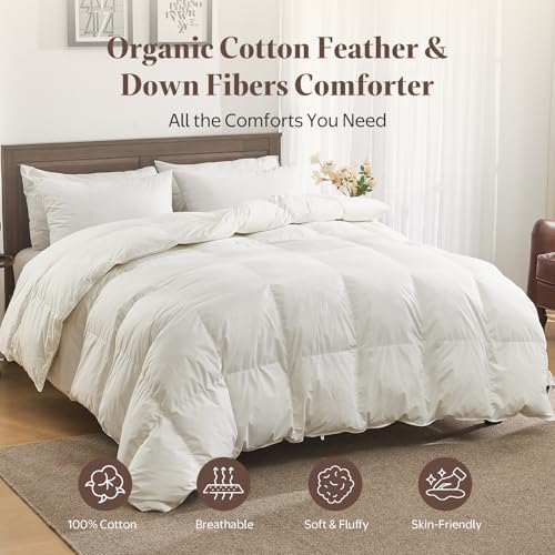 All Season Twin Size Goose Feather Down Comforter - White, Hypoallergenic, Organic Cotton Shell