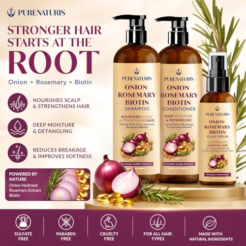 PureNaturis Onion Rosemary Biotin Hair Care Set - Sulfate-Free Shampoo, Conditioner & Serum for Stronger, Thicker Hair