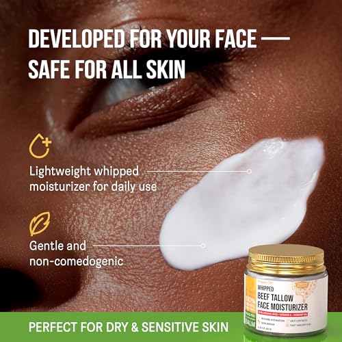 Beef Tallow for Face and Skin - Grass Fed Tallow and Honey Balm, Face Moisturizer with Liposomal Hyaluronic Acid - Day and Night Cream for Dry Sensitive Skin, Glass Jar 2.25 oz