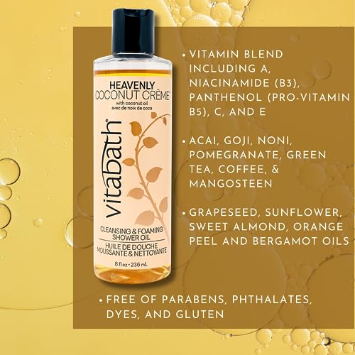 Vitabath Heavenly Coconut Creme Cleansing & Foaming Shower Oil Alluring Nourishing Body Wash & Hydrate - Daily Essential Dry Skin Quench for Women & Men - 8 fl oz