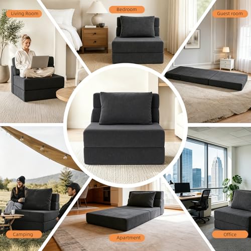 Grey Foldable Floor Sofa Bed with Pillow - Convertible Sleeper Chair for Living Room - Single