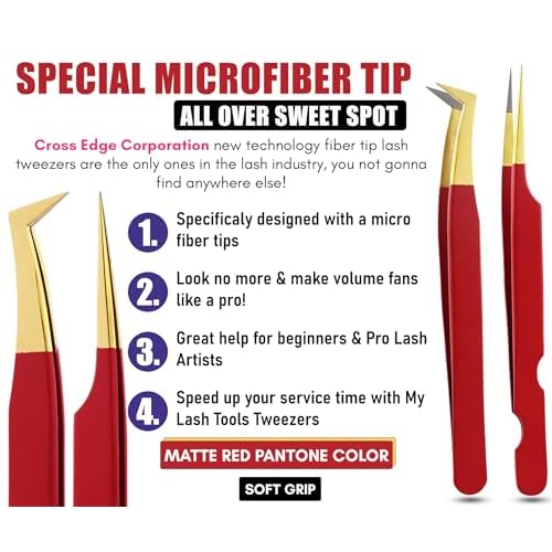 My Lash Tools Fiber Tip Lash Tweezers set for Eyelash Extensions Pro Tweezer for Volume Lashes Japanese Stainless Steel Mink Lashes Fan Making Mega Volume Boot Lashing Tweezers (Gold with Gold Tip)