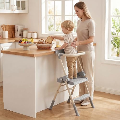 Kids Toddler Step Stool with Safety Railing & Anti-Slip Design - Foldable Kitchen & Bathroom Helper