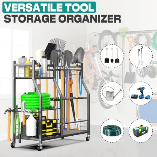 Large Garden Tool Organizer Stand with Wheels - Heavy-Duty Garage Storage