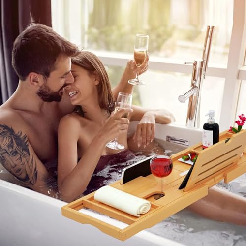 Banlilu Natural Bamboo Expandable Bathtub Tray Caddy - Waterproof Bath Table