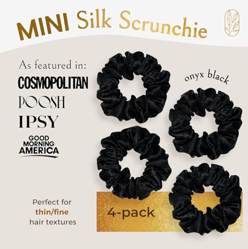 Curlfriend 4 Pack Mini Mulberry Silk Scrunchies for Women - Onyx Black, Gentle Curl Hold