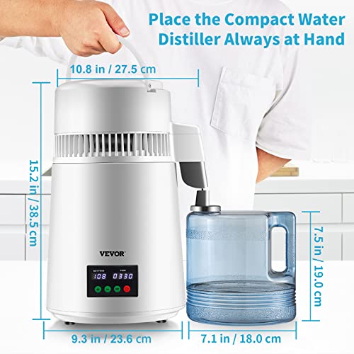 Water Distiller 1.1 Gal - White, 750W Countertop Purification Machine with Timer