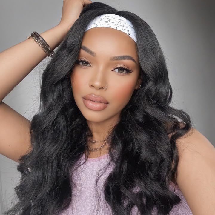 PREMPO 20 Inch Black Long Wavy Headband Wig for Women - 180% Density, Glueless Half Wig, Synthetic, Wear & Go