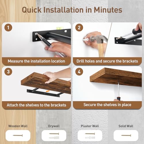 Rustic Brown Floating Wall Shelves Set of 3 - 31.5 Inch Thick Wall Storage with Invisible Brackets